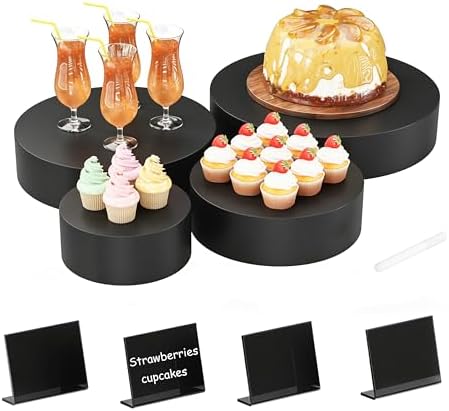 Round Metal Buffet Risers,4PCS Food Risers for Buffet Table 6in to 12in with Mini Acrylic Signs for Catering Dessert Collectibles Jewelry Figures Show Matte Black Cube Boxes Nesting Risers with Hollow Bottoms by YFEEN