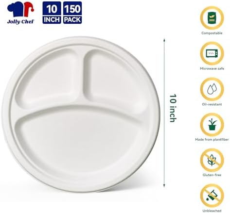 JOLLY CHEF Heavy Duty Compostable 3 Compartment Paper Plate 10 Inch 150 Pcs - Image 2