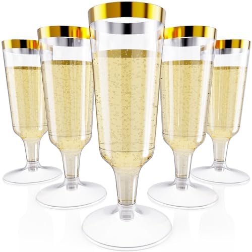JOLLY CHEF Champagne Flutes Plastic, Disposable Gold Rim 5 oz 50 Pack by JOLLYCHEF