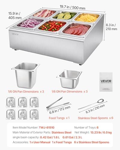 VEVOR Countertop Food Serving Display Container, Stainless Steel Food Salad Server Tray, Buffet Condiment Dispenser, Ice Cooled Rack with Separate Lid, for Restaurant Hotel Kitchen Party (6x1/6 Pan) - Image 7