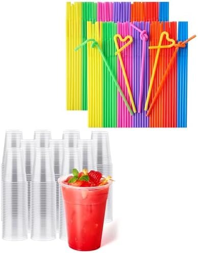 JOLLY CHEF 390 Pack 16 oz Clear Plastic Cups & 100PCS Plastic Disposable Straws by JOLLYCHEF