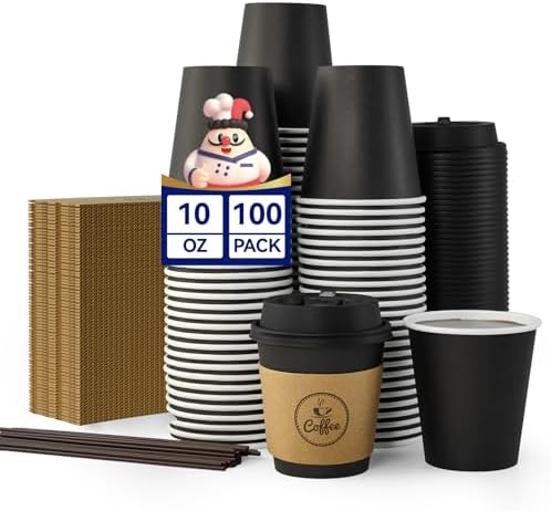 JOLLY CHEF 10 oz Coffee Cups with Lids, Sleeves and Stirrers 100 Count by JOLLYCHEF
