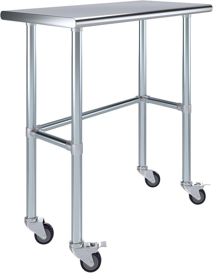 Stainless Steel Work Table Open Base & Wheels | Work Station | Metal Work Bench (Stainless Steel Work Table Open Base + Casters) (36" Long x 18" Deep)