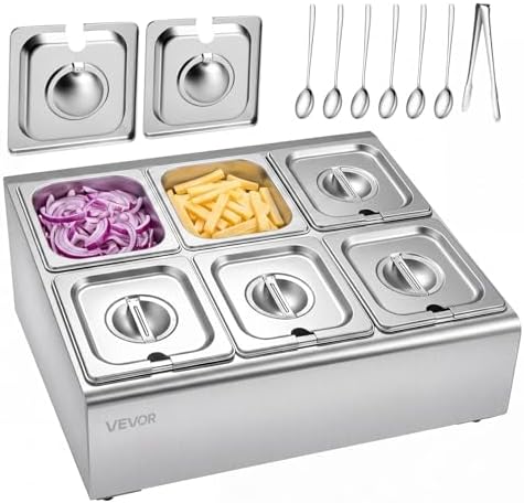 VEVOR Countertop Food Serving Display Container, Stainless Steel Food Salad Server Tray, Buffet Condiment Dispenser, Ice Cooled Rack with Separate Lid, for Restaurant Hotel Kitchen Party (6x1/6 Pan) by VEVOR