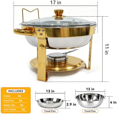 4-Pack 6QT Chafing Dishes for Buffet, 304 Stainless Steel Chafing Dish Buffet Set with Glass Lids & Lid Holders – Food Warmers for Parties, Weddings, Birthdays & Catering, Gold - Image 2