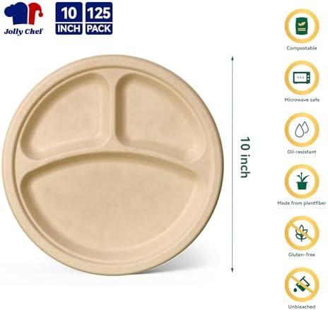 JOLLY CHEF Heavy Duty Compostable 3 Compartment Paper Plate 10 Inch 125 Pcs - Image 2