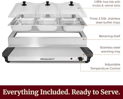 Elite Gourmet EWM-6171 Triple Buffet Server, 7.5 Qt, Stainless Steel - Image 6