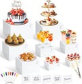 8 Pcs White Buffet Risers with Mini Table Sign, Serving Tongs, Acrylic Food Risers for Buffet Table Display Stand Shelf for Party Catering Dessert Jewelry Collectibles (Size 9" 8" 7" 6" 5" 5" 4" 4") by Qinzave
