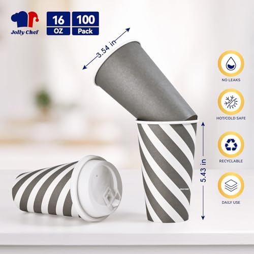 JOLLY CHEF 100 Pack 16 oz Paper Coffee Cups with Lids - Image 2
