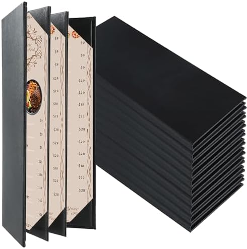 Restaurant Menu Covers Holders 4.25" x 11" | Pack of 10 Synthetic Leather Quad Fold Panels 6 View Angled Corners Black for Wine List, Drinks (10, Quad Fold Panels 6 View (4.25 x 11 inch)) by FL