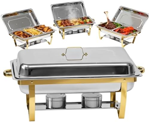 9Qt Chafing Dishes for Buffet, 4 Pack Gold 304 Stainless Steel Chafing Dish Sets, Complete Buffet Server and Warmers Set with Multiple Size Pans for Parties by Charcofire