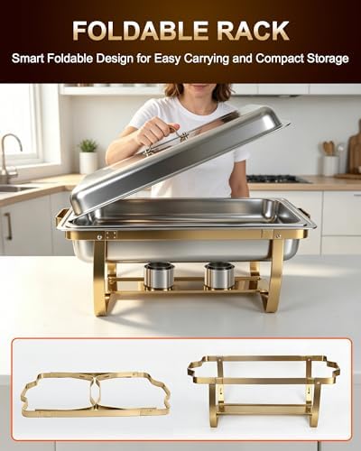 Chafing Dishes for Buffet, 4 Pack 9 QT Rectangular Stainless Steel Catering Chafer with Lids, Buffet Servers and Warmers, Food Warmers for Parties Buffet, Home, Wedding, Christmas Gatherings, (Golden) - Image 4