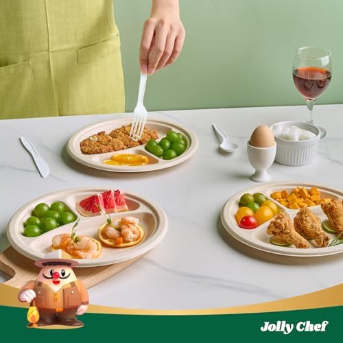 JOLLY CHEF Heavy Duty Compostable 3 Compartment Paper Plate 9 Inch 125 Pack - Image 4