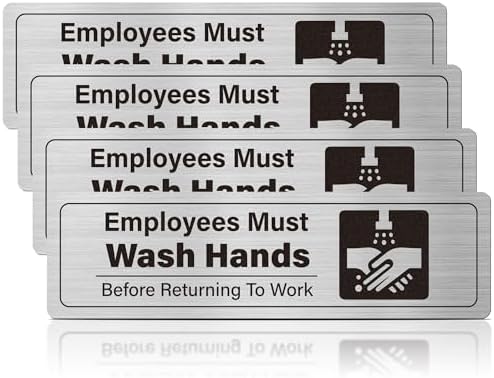 4 Pack Employees Must Wash Hands Sign-Wash Your Hands Sign Bathroom Decor,Handwashing Signs for Restaurant Commercial Kitchen Self-Adhesive, Brushed Aluminum，Square Icon by EliteSign