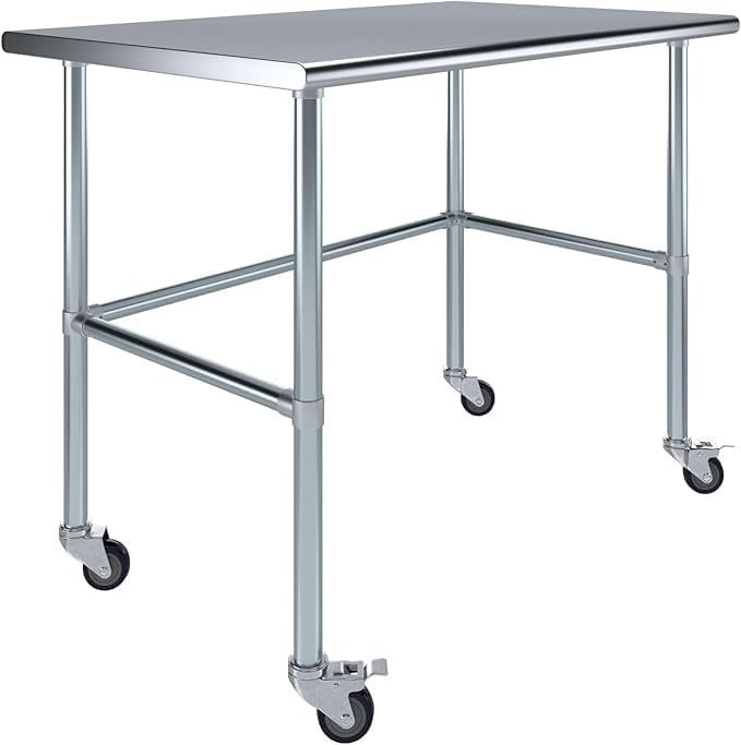 Stainless Steel Work Table with Open Base & Casters | Mobile Commercial Metal Work Bench & Prep Station | Heavy Duty Utility Table (48" Long x 30" Deep)