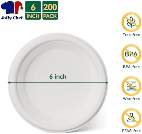 JOLLY CHEF Dessert Plates 6 Inch Paper Plates Compostable White 200 Pack - Image 5