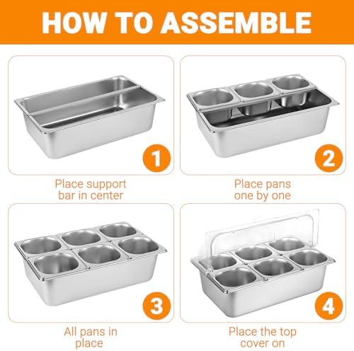 Countertop Food Serving Display Container with Clear Lid, Stainless Steel Serving Tray Catering Supplies Buffet Display Condiment Container for Restaurant Hotel Kitchen (6 Pan) - Image 6