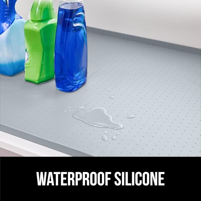 GORILLA GRIP Waterproof Silicone Under Sink Mat with Raised Lip for Kitchen and Bathroom, Cabinet Shelf Liner Stay in Place Mats Dishwasher Safe Drawer Liner, Organizer Tray, 15 x 22 in, Light Grey