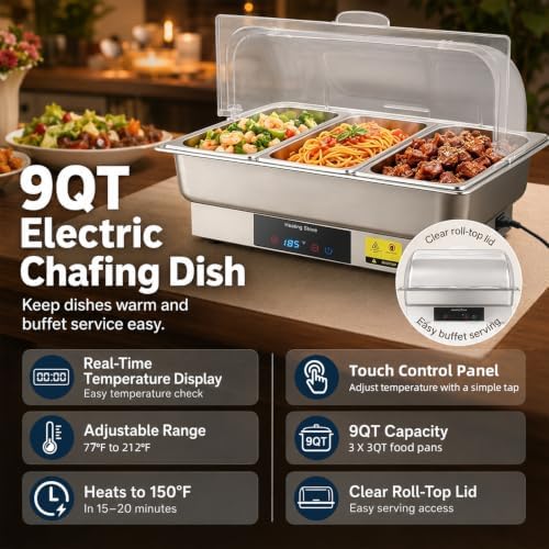 Electric Buffet Server Set with Touch Control, 9QT Three-Section Food Pan (3 × 3QT), Stainless Steel Roll Top Chafing Dish for Catering Buffet - Image 2