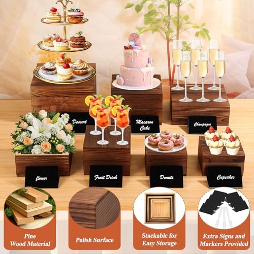 Qinzave 7 Pack Wooden Risers Display Stands with Acrylic Maker Pen and Mini Sign, Food Risers for Buffet Table Shelf Display Stand for Party Catering Dessert Cupcake Jewelry - Image 3
