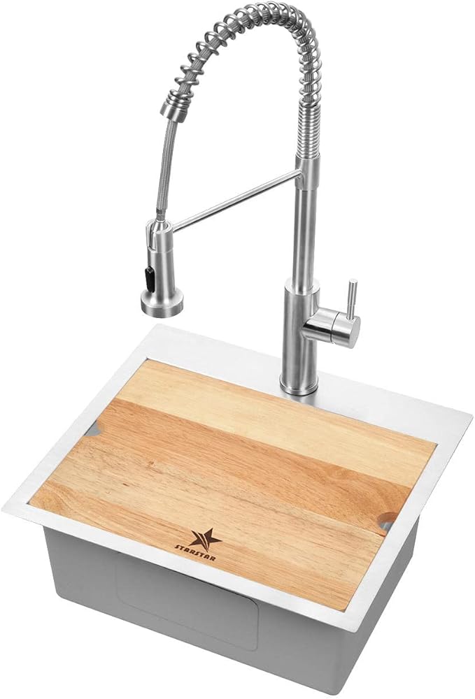 STARSTAR Workstation Ledge Top Mount/Drop-in 304 Stainless Steel Luxury Single Bowl For Kitchen,Yard, Office, Bar, Laundry Sink (19 x 17)