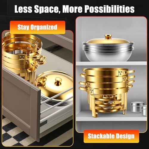 Chafing Dishes Buffet Food Warmer - Parties Servers Trays Catering Dish Warming Display Set - Chafers Keep Warm Serving Tray Round Heating Kit with Burners 4 Set Gold - Image 6