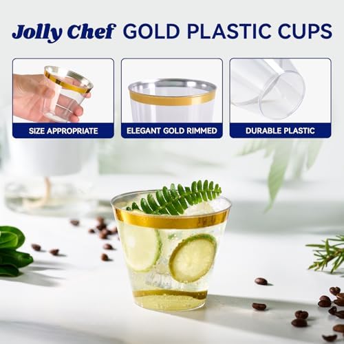 JOLLY CHEF Gold Rimmed Plastic Cups, 9 oz Clear Party Tumblers 100 Pack - Image 4
