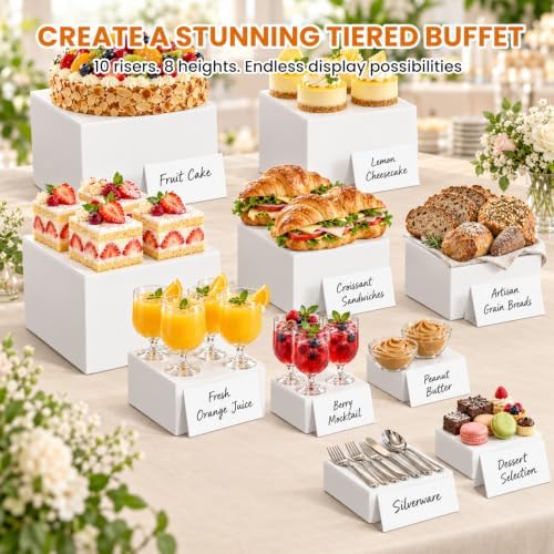 10 Pcs White Acrylic Buffet Risers with Maker and Sign, Food Display Risers - Image 6