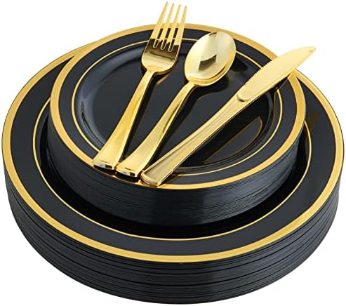 125 PCS Plastic Plates Set Gold Disposable Dinnerware Set for 25 Guests by JOLLYCHEF
