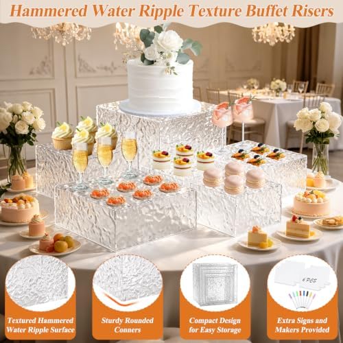 Acrylic Buffet Risers with Mini Sign and Maker, Clear Hammered Water Ripple Dessert Display Stands for Catering Cakes Cupcakes Desserts Drinks Décor Acrylic Display Risers Stackable Nesting Storage - Image 7