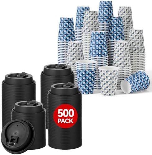JOLLY CHEF 500 Pack Disposable Plastic Black Lids 3.6'' for 10, 12, 16, 20 oz Paper Coffee Cups, 1000 Pack Printed Coffee Cups 12 oz by JOLLYCHEF