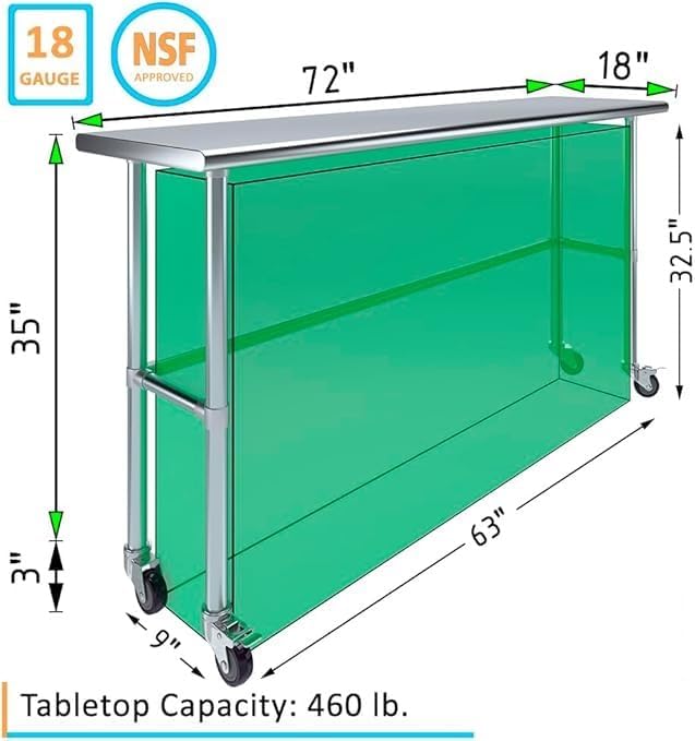 Stainless Steel Work Table Open Base & Wheels | Work Station | Metal Work Bench (Stainless Steel Work Table Open Base + Casters) (72" Long x 18" Deep)