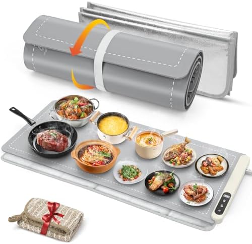 FYY Extra Large Warming Mat for Food with Heat Resistant Pad, Prevent Countertop Cracks, Keep Meal Warm, Rapid and Full Surface Heating, 6 Temp Settings, 6H Timer, Rollable Portable Food Warmer, Grey by FYY