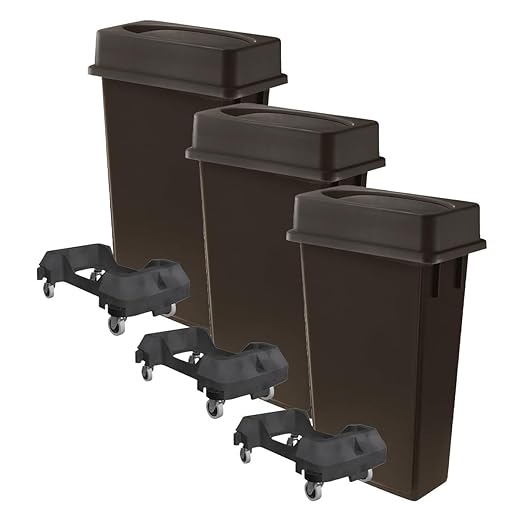 3 pack 23 Gallon Waste Bin with Lid & Dolly, Heavy-Duty Trash Can, Slim Rectangular Garbage Bin, Durable Waste Container, Recycling Bin, Plastic Wastebasket for Kitchen, Garage, Restaurants, Office