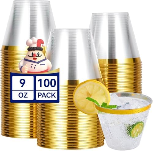 JOLLY CHEF Gold Rimmed Plastic Cups, 9 oz Clear Party Tumblers 100 Pack by JOLLYCHEF