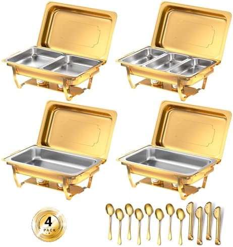 Chafing Dishes for Buffet, 8 Qt Food Warmers 4 Pack 7 Pans Gold by KEYOXY