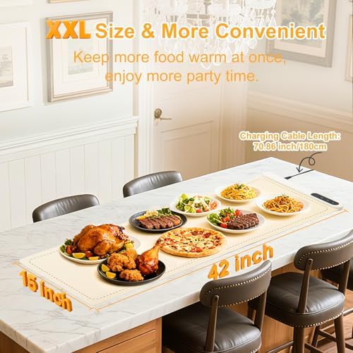 Extra Large Warming Mat for Food, (42"x15") Food Warming Mat with Countertop Insulation Pad, 6 Level Temperature & 6 Hours Timer, Silicone Food Heating Pad, Warming Trays for Buffets Party, Beige - Image 4