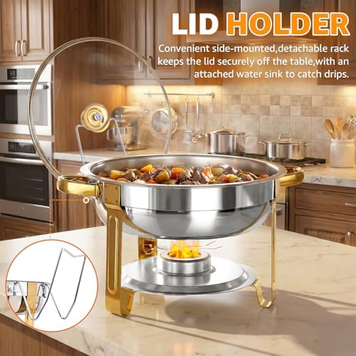 Chafing Dishes for Buffet，2PACK 4.5QT Round Chafing Dishes for Buffet, Gold and Silver Stainless Steel Chafing Dish Buffet Set with Glass Lid and Lid Holder for Home Parties,Wedding,Church Events - Image 6