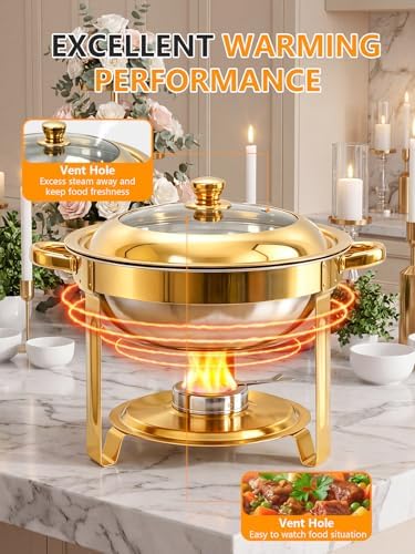 Chafing Dishes for Buffet, 4 Pack 4.5QT Round Chafing Dishes, Gold Stainless Steel Chafing Dish Buffet Set with Glass Lid and Lid Holder for Home Parties, Wedding,Catering Events - Image 4