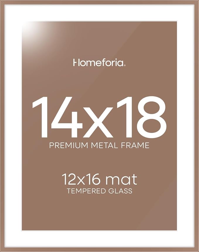 Homeforia 14x18 Picture Frame Mocha, High End Metal 14x18 Poster Frames with Mat 12x16 Photo, 14 x 18 Mocha Frame Matted to 12 by 16 Print, 18by14 Thin Hanging Frames, Tempered Glass, Wall Kit, Set of 1