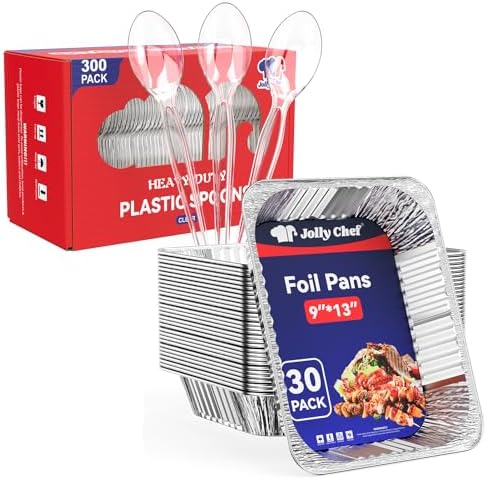 JOLLY CHEF 9x13 Aluminum Foil Pans (30 Pack) and [300 Count] Clear Plastic Spoons, Heavy Duty Disposable Spoons Utensils by JOLLYCHEF