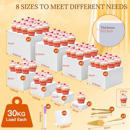 10 Pcs Buffet Risers with Mini Sign and Maker Serving Tongs Cake Cutter, White Acrylic Food Display Stands for Buffet Table Party Catering Dessert Nesting Cube Boxes with Hollow Bottoms (10",9",8",7",6",5",5",4",4",3") - Image 3