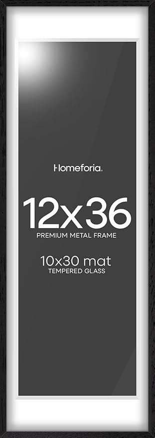 Homeforia 12x36 Black Wood Picture Frame, High End Oak 12x36 Poster Frames with Mat 10x30 Art, 12 x 36 Black Wooden Frames Matted to 10 by 30, 36x12 Panoramic Frame, Tempered Glass, Wall Kit, Set of 1