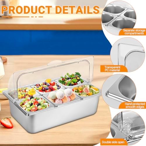 Countertop Food Serving Display Container with Clear Lid, Stainless Steel Serving Tray Catering Supplies Buffet Display Condiment Container for Restaurant Hotel Kitchen (6 Pan) - Image 2