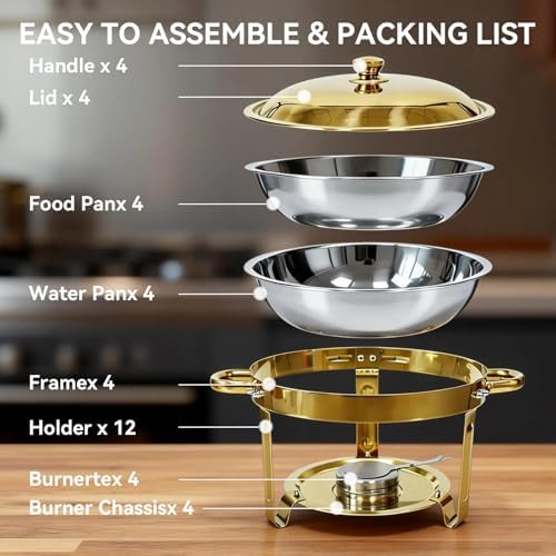 Gold Chafing Dish Buffet Set, 4-Pack 6QT 304 Stainless Steel Round Food Warmers with Lids, Water Pans & Fuel Holders – for Catering, Wedding Receptions & Parties - Image 3