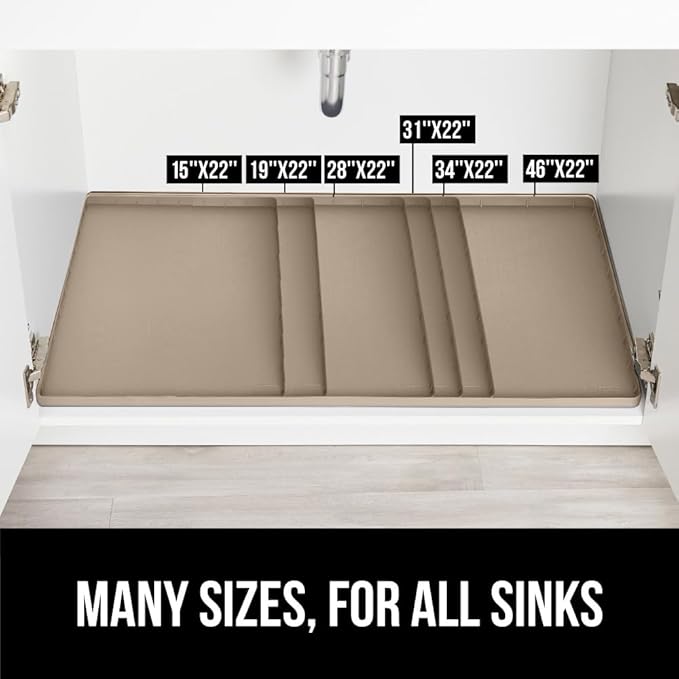 GORILLA GRIP Waterproof Silicone Under Sink Mat with Raised Lip for Kitchen and Bathroom, Cabinet Shelf Liner Stay in Place Mats Dishwasher Safe Drawer Liner, Organizer Tray, 15 x 22 in, Beige