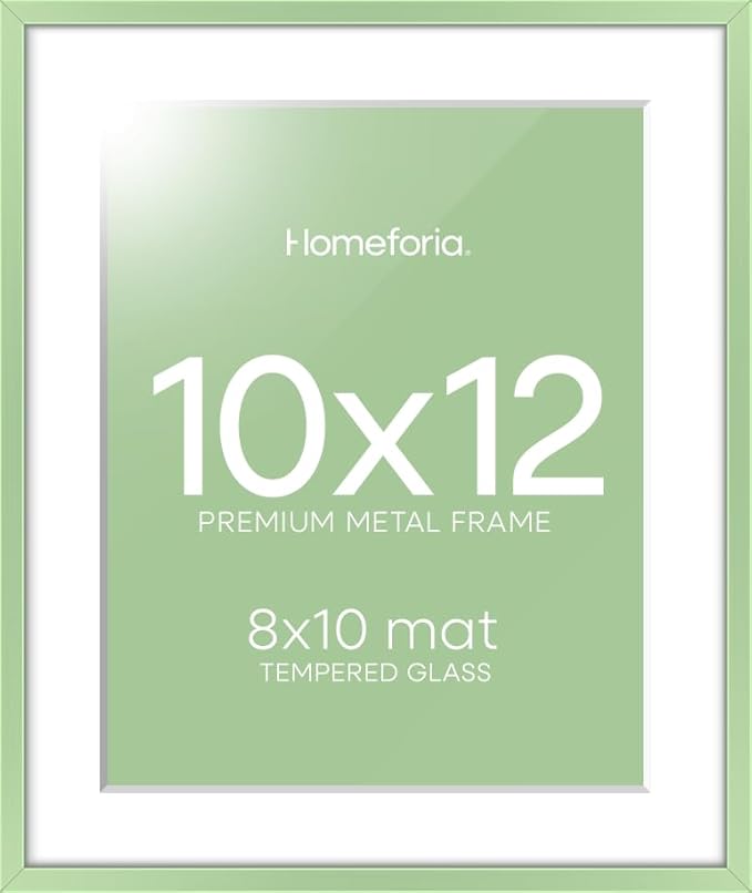 Homeforia 10x12 Picture Frame Sage Green, High End Metal 10x12 Wall Hanging Frame with Mat 8x10, 10 x 12 Poster Frame Matted to 8 x 10 inch Photo, 10by12 Thin Frame, Tempered Glass, Wall Kit, Set of 1