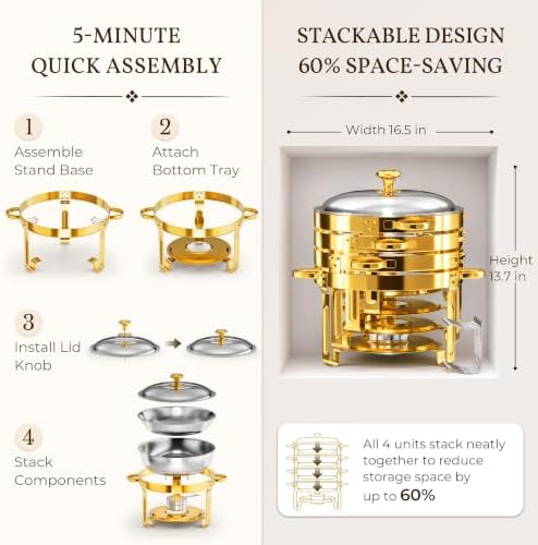 Chafing Dishes Buffet 4 Pack 6QT Gold Stainless Steel Food Warmers - Image 6