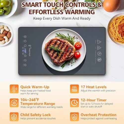 50" x15" Electric Warming Tray for Parties Buffet, 5-in-1 Modular Food Warmer Mat with 17 Heat Levels, 12H Timer, Child Lock & Glass Surface for Family Dinners Holiday Gatherings - Image 2