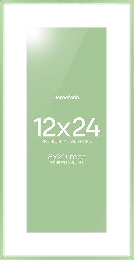 Homeforia 12x24 Sage Green Picture Frame, High End Metal 12x24 Poster Frames with Mat 8x20 Photo, 12 x 24 Green Frame Matted to 8 x 20 Print, 24x12 Panoramic Frames, Tempered Glass, Wall Kit, Set of 1